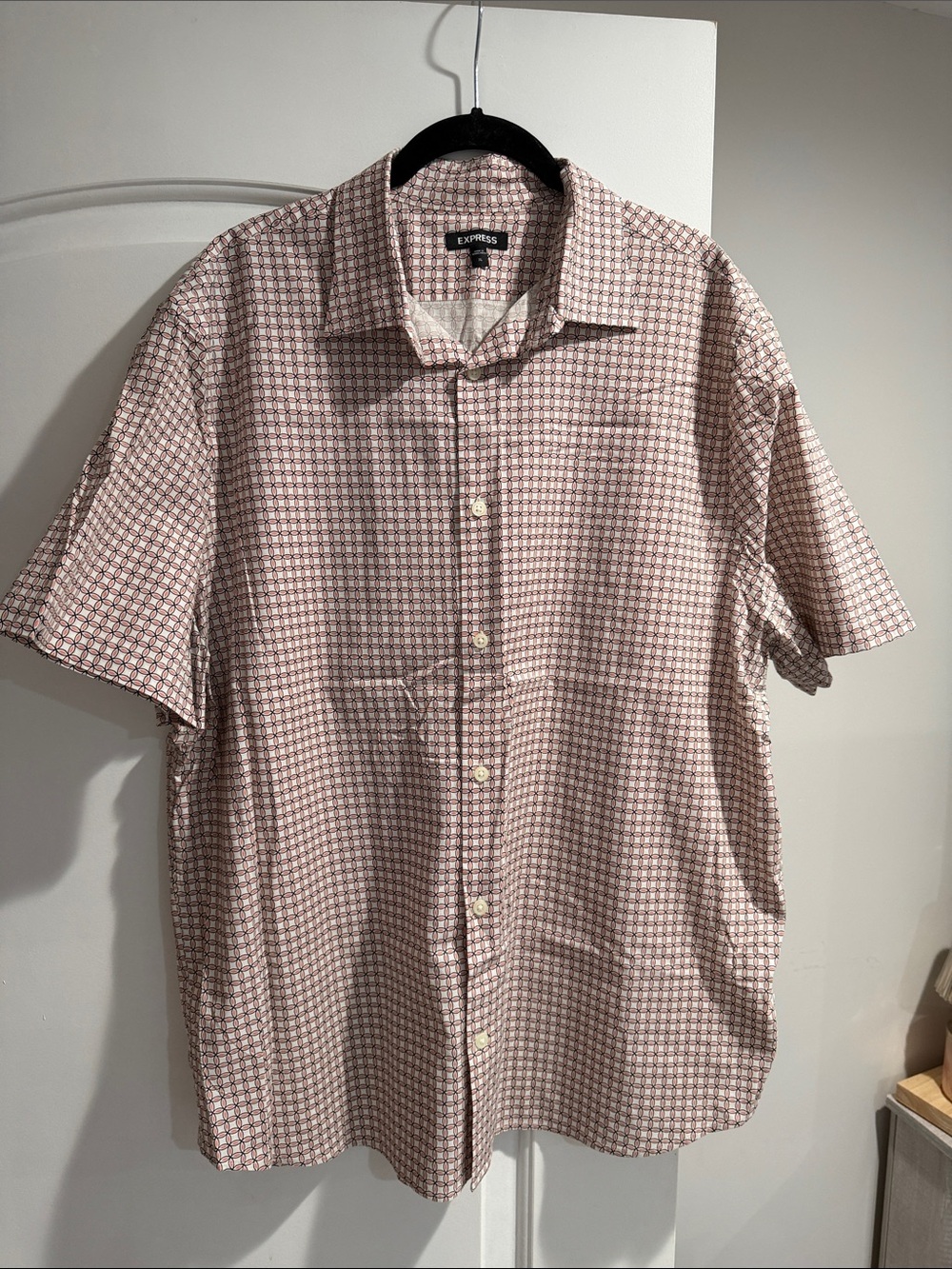 Express Men's Short Sleeve Button-Down Shirt - Pink and White Micro Check